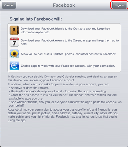 iOS Facebook Settings Sign In